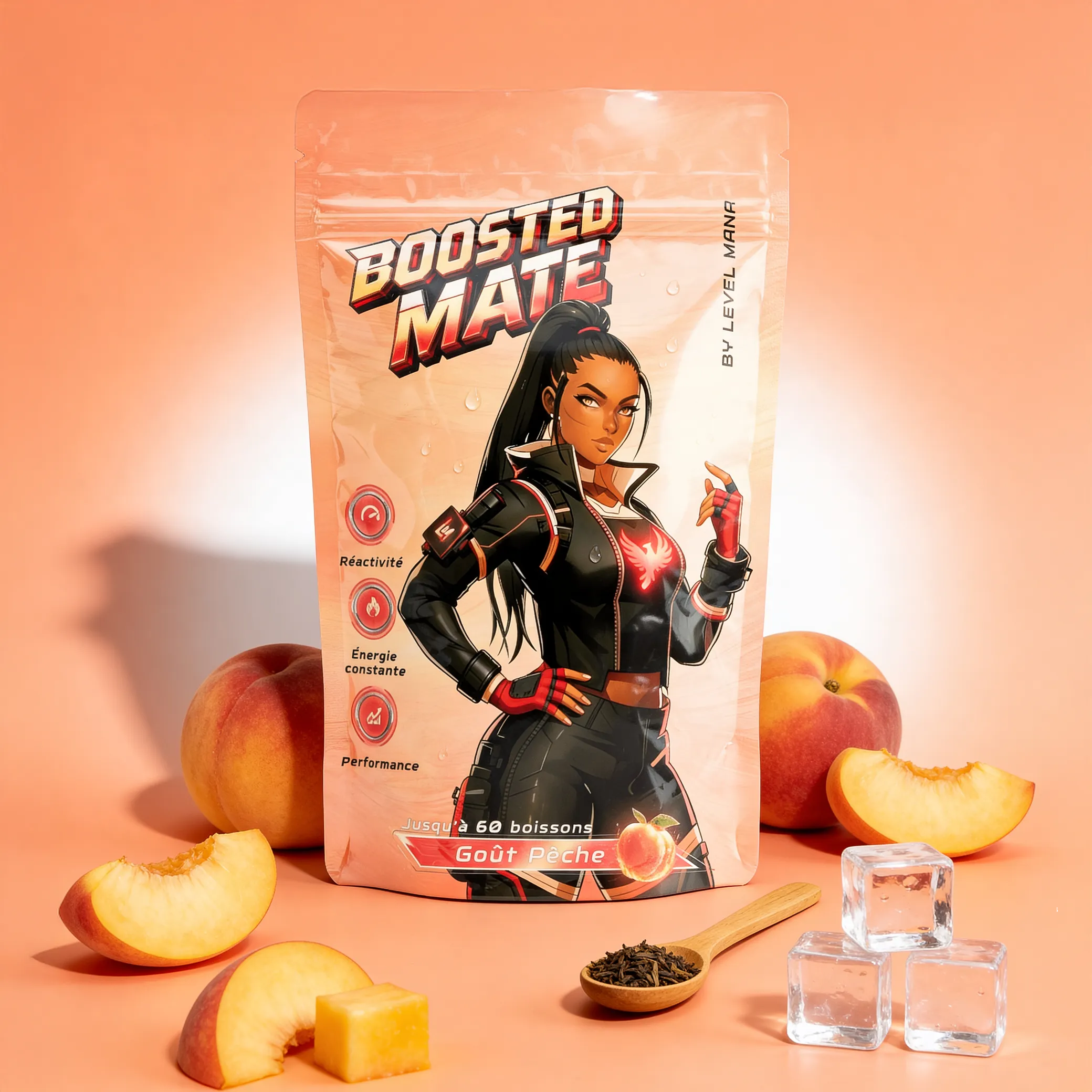 Boosted Maté au goût pêche qui boost l'énergie et la concentration. Une boisson Level Mana de l'aprèm-midi. 