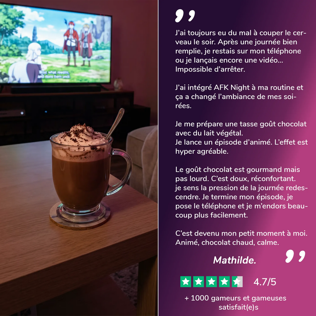 Avis client de Mathilde sur la boisson AFK Nights goût Chocolat de chez Level Mana.