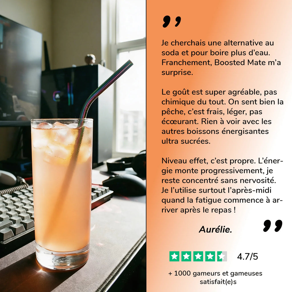 Avis client de Aurélie sur la boisson Boosted Maté goût pêche de chez Level Mana. 