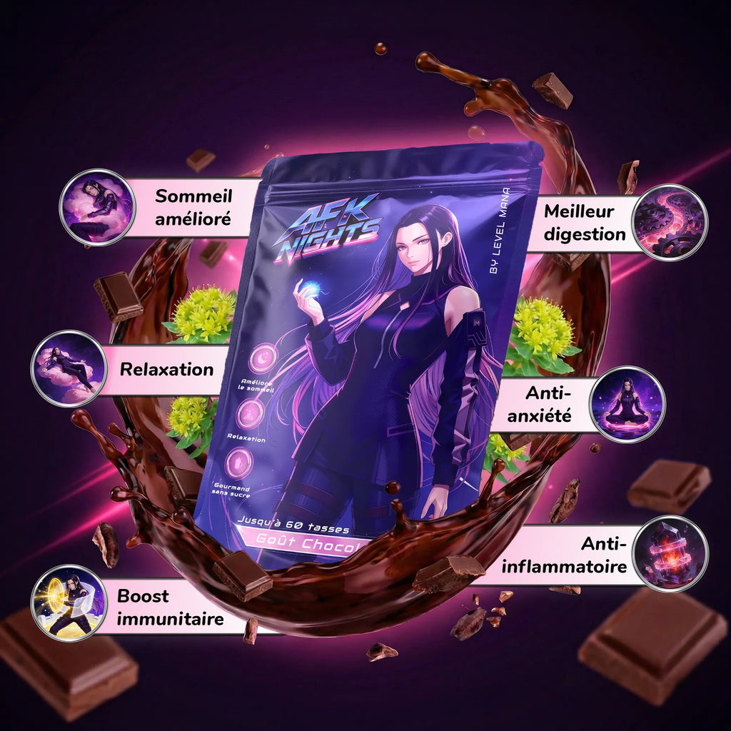 Bénéfices de la boisson AFK Nights goût Chocolat de Level Mana.