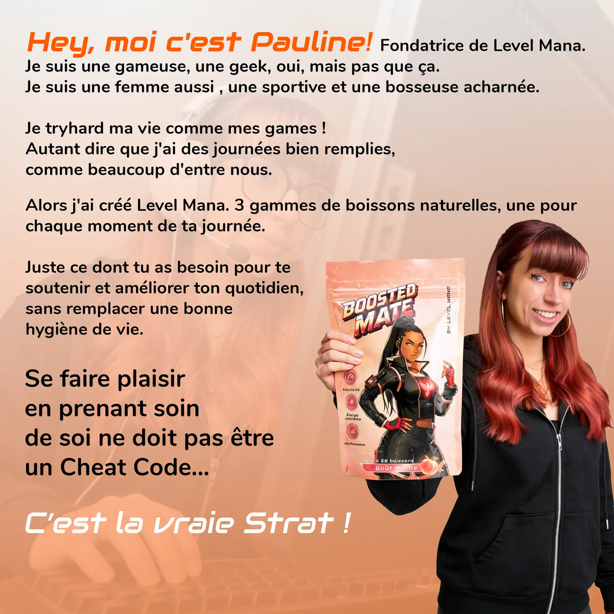 Présentation du fondateur de Level Mana pour la boisson Boosted Maté pêche. 