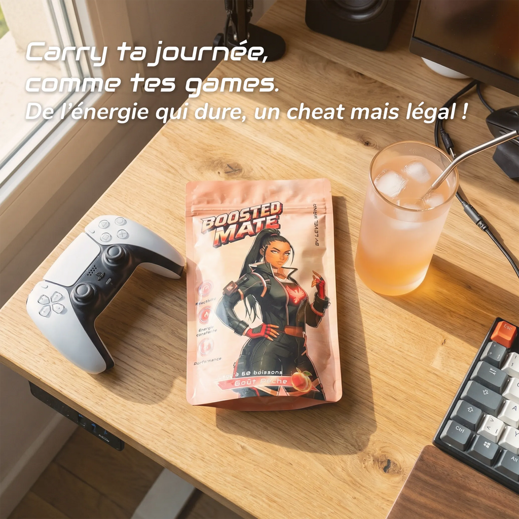 Carry ta journée comme tes games avec Boosted Maté goût pêche de chez Level Mana. 