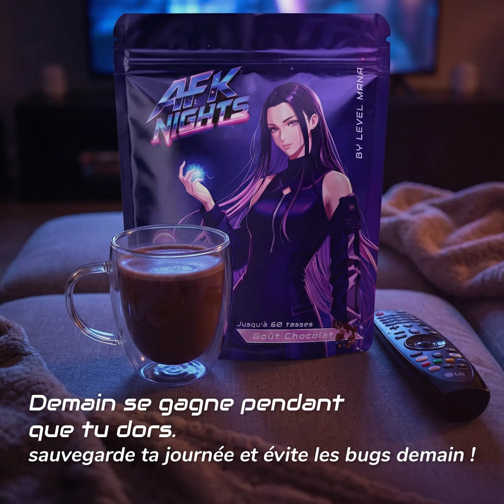 Sauvegarde ta journée et évite les bugs demain avec AFK Nights chocolat de chez Level Mana. 