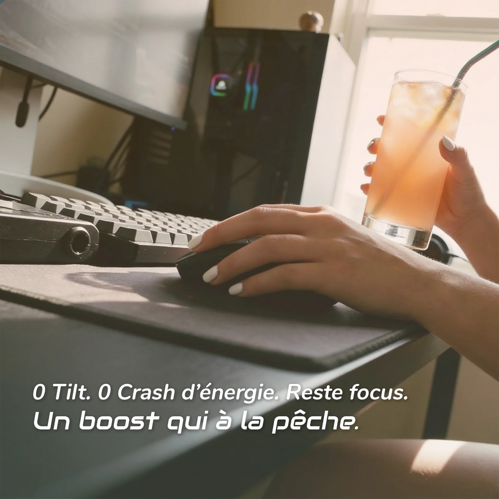 0 tilt, 0 crash d'énergie, reste focus avec la boisson Boosted Mate goût pêche de chez Level Mana. 